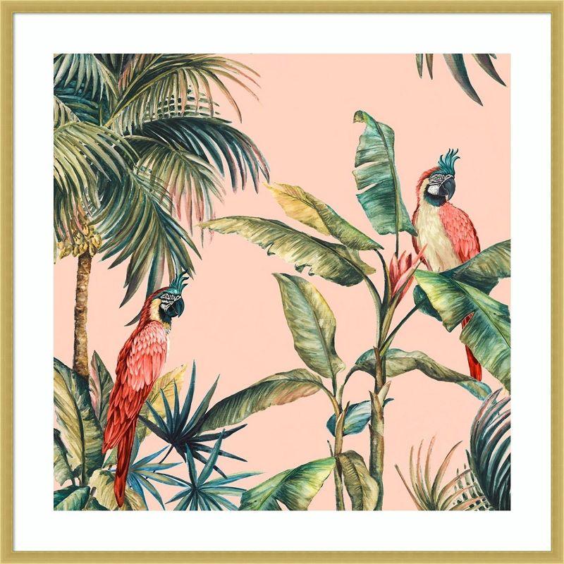 Tropical Parrots in Palm Pink and Green Wood Framed Print