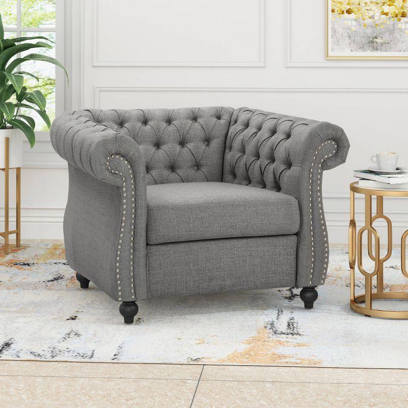 Elegant Dark Gray Velvet Chesterfield Club Chair with Nailhead Accents