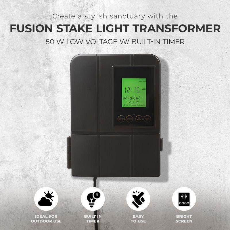 Fusion Low Voltage Outdoor Lighting Transformer with Timer, 50 Watt, Landscape LED Light Controller for Home and Garden Pathways, Black