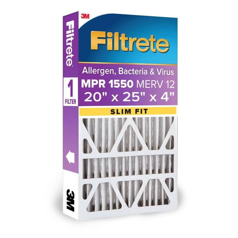 Filtrete 20" x 25" x 4" Slim Fit Allergen Bacteria and Virus Deep Pleat Air Filter 1550 MPR: MERV 12, Electrostatic, Furnace Filter