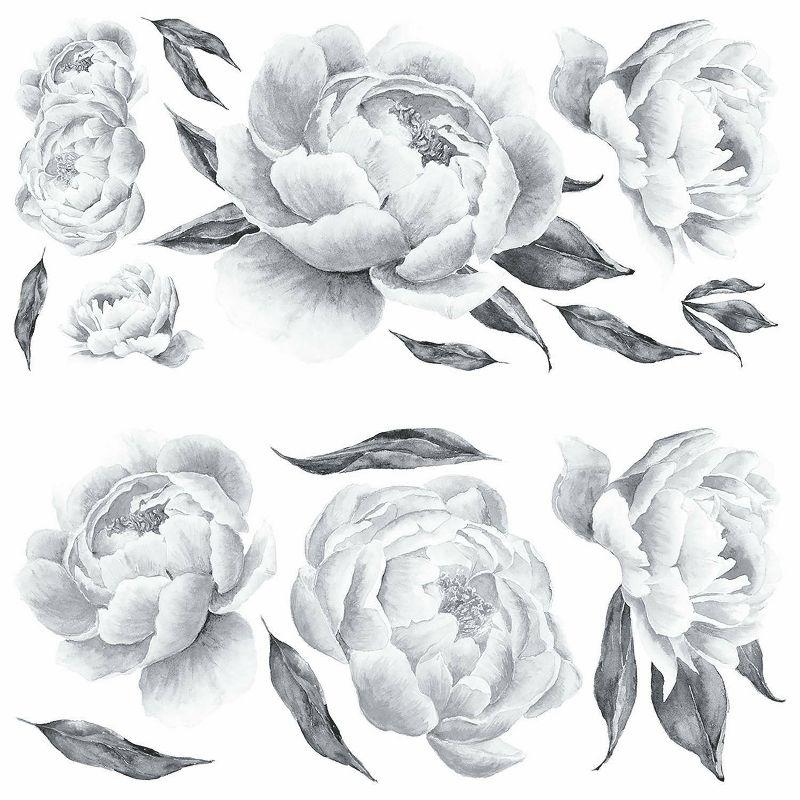 Peonies Peel and Stick Giant Wall Decal Black - RoomMates: Vinyl Botanical Sticker, Modern Decor, 15pc