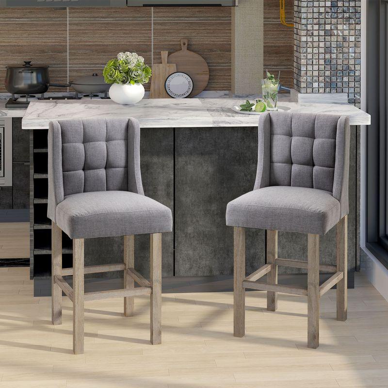 HOMCOM Counter Height Bar Stools, Tufted Upholstered Barstools, Pub Chairs with Back, Rubber Wood Legs for Kitchen, Dinning Room, Set of 2, Gray