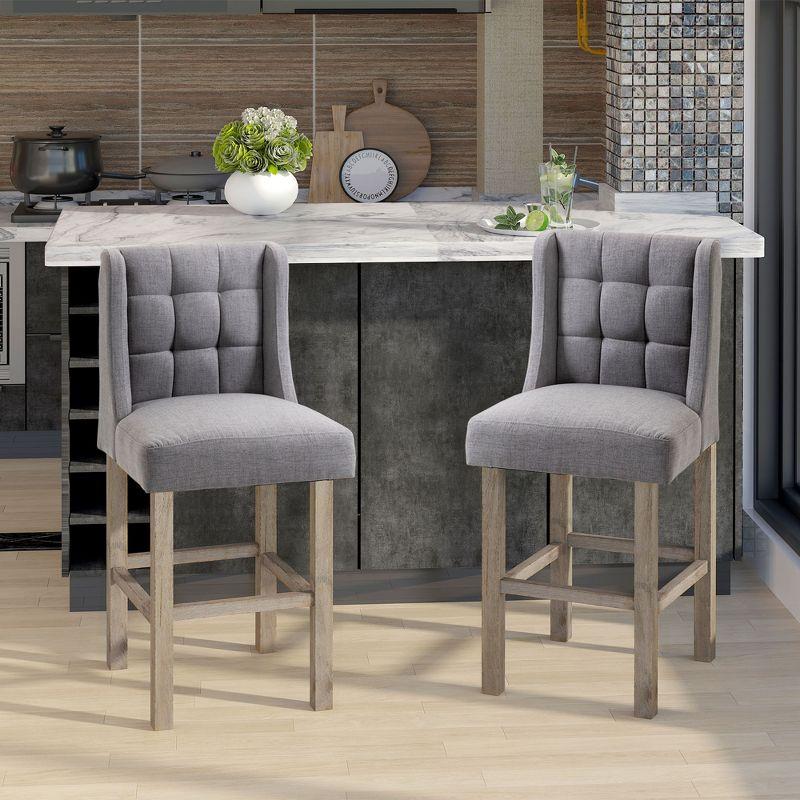 Gray Tufted Upholstered Bar Stools with Rubber Wood Legs, Set of 2