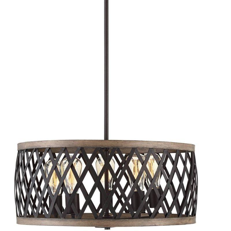 Bronze and Woodgrain Drum Pendant Chandelier with Glass Shades