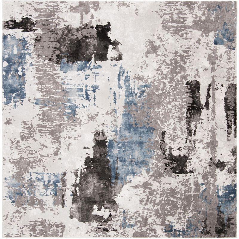 6'7" Square Grey and Blue Abstract Synthetic Area Rug