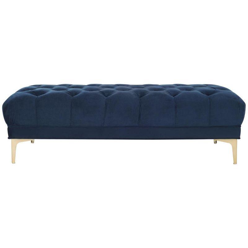 Transitional Navy Velvet Tufted Bench with Brass Legs