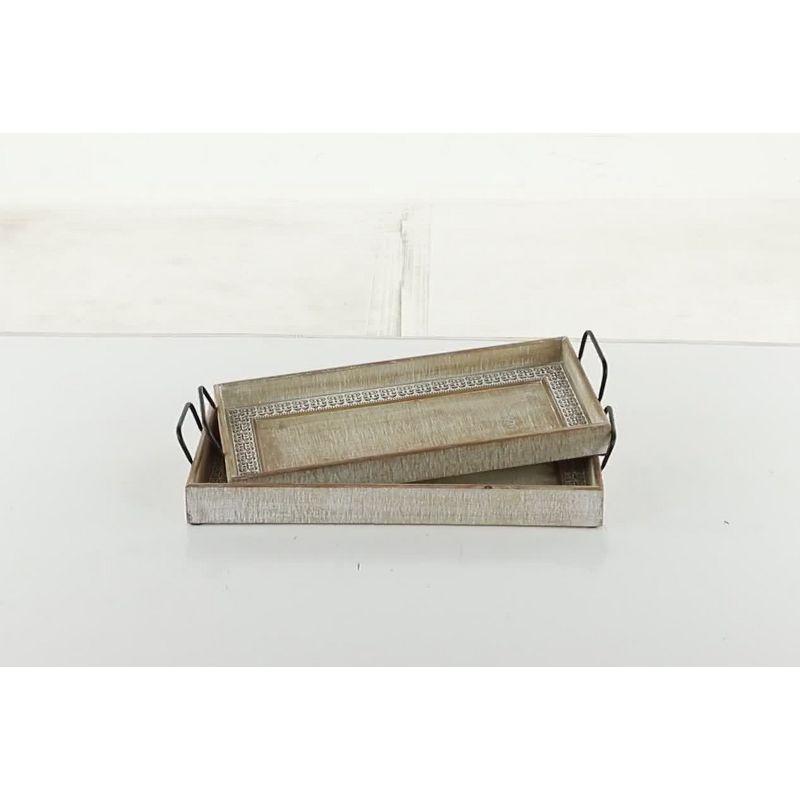 Olivia & May Set of 2 Rectangular Wood Tray with Inlay and Metal Handles Black : Bohemian Carved, Indoor Use Decor