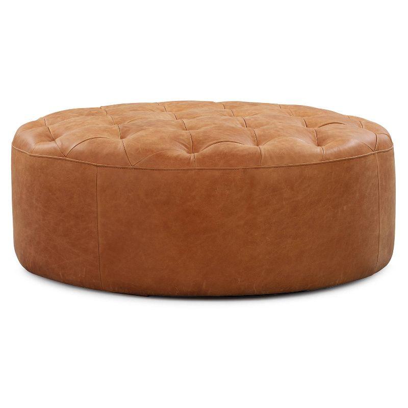 Cognac Tan Round Tufted Leather Ottoman