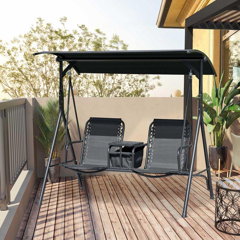 Outsunny 2 Person Porch Swing with Canopy, Covered Patio Swing with Pivot Storage Table, Cup Holder, & Adjustable Overhead Canopy, Black