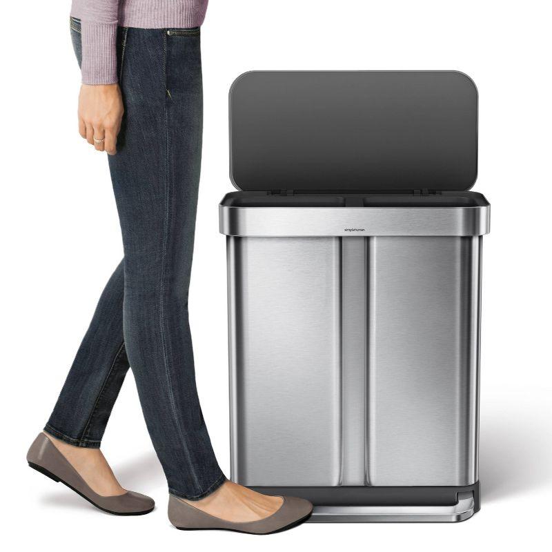 simplehuman 58L Rectangular Dual Compartment Recycling Step Trash Can Brushed Stainless Steel: Fingerprint-Resistant Garbage Can