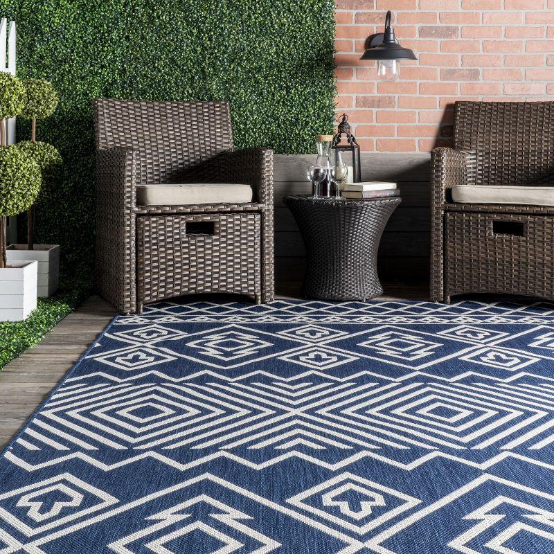 Blue and White Geometric Synthetic Indoor/Outdoor Rug