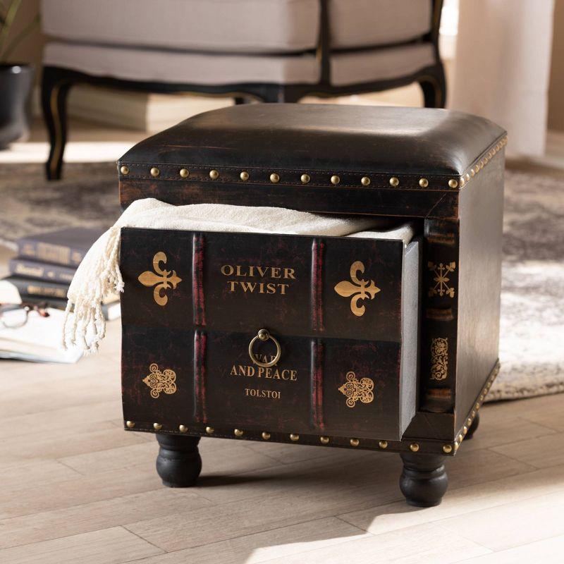 Charlier Rustic Dark Brown Faux Leather Storage Ottoman with Book Spine Drawer