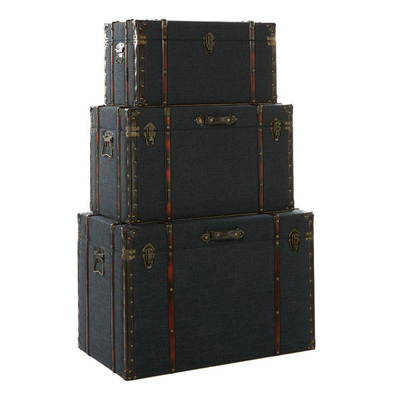 Set of 3 Traditional Wood Trunks Blue - Olivia & May: Upholstered, Linen, Leather, Brass Finishes, No Assembly Required