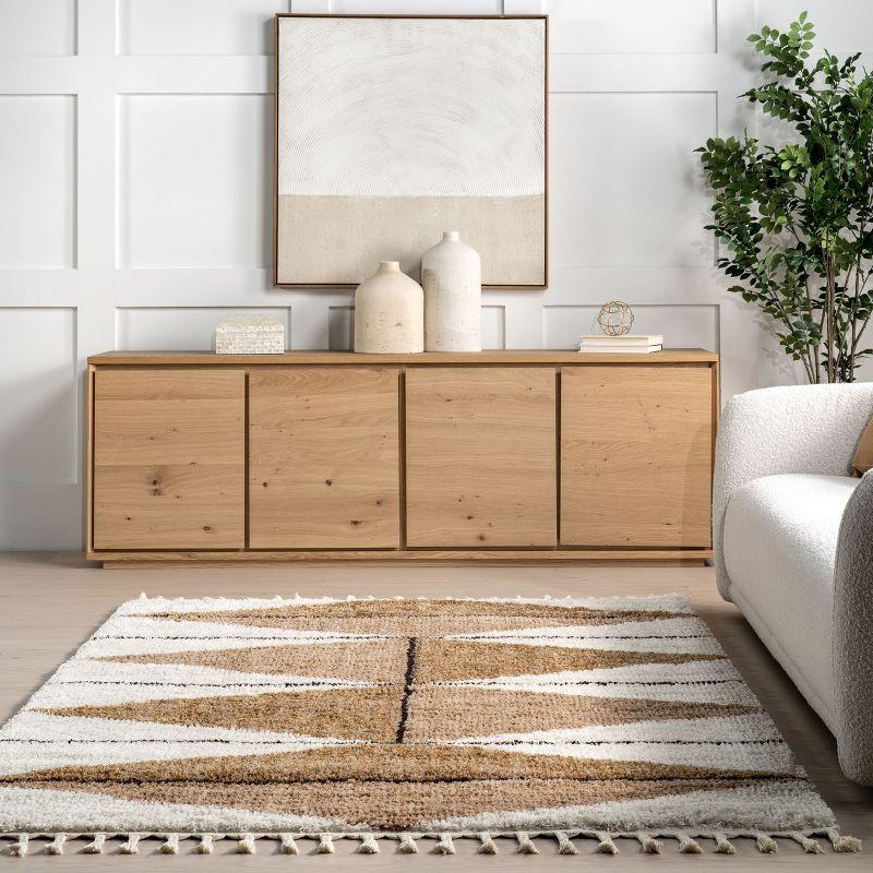 Light Brown Geometric Shag Area Rug with Tassels, 3' x 5'