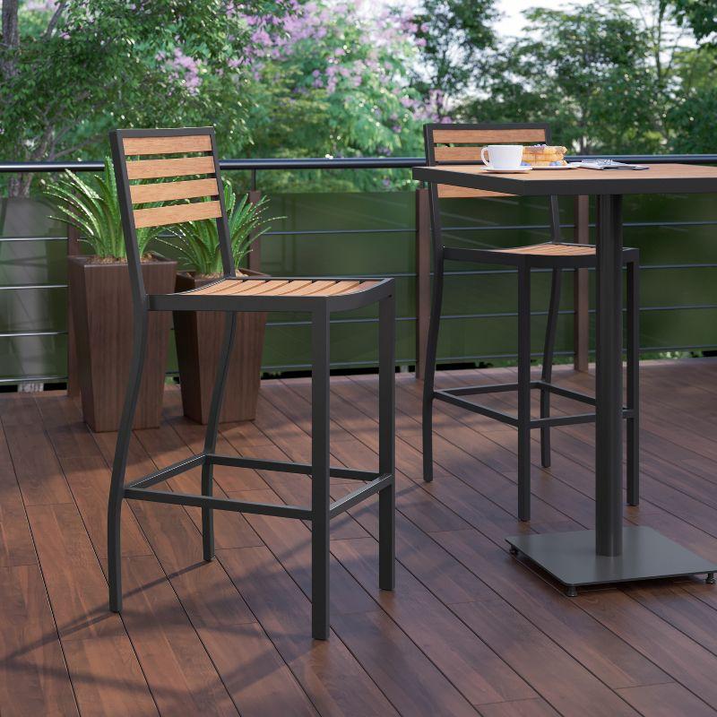 All-Season Faux Teak Poly Resin Slatted Bar Height Stool with Aluminum Frame