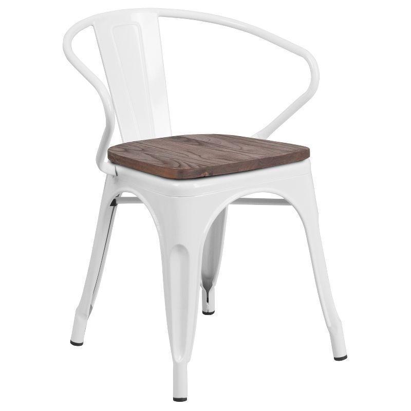 Modern Rustic White Metal Bistro Chair with Wood Seat and Arms