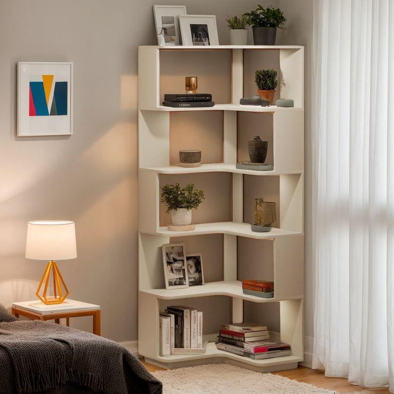 Hommoo 6-Tier Corner Bookshelf, 64.96" Corner Bookcase with Anti-Drop Panel Silver Gray