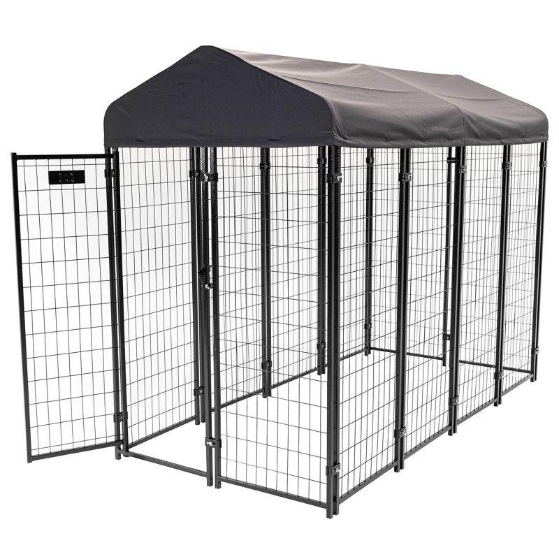 Lucky Dog STAY Series Black Powder Coat Steel Frame Villa Dog Kennel with Waterproof Canopy Roof and Single Gate Door