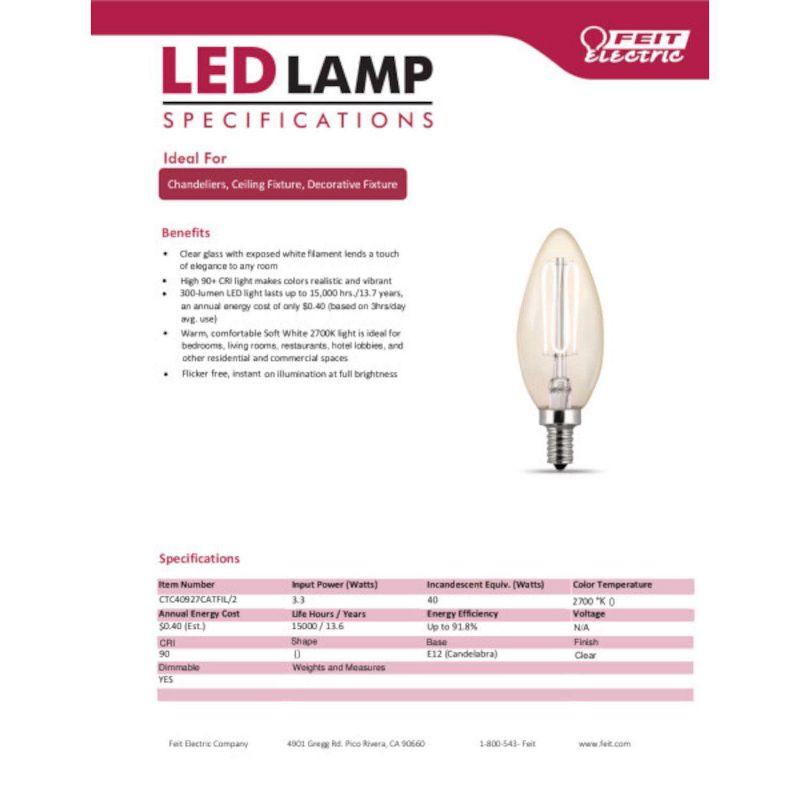 Feit LED Filament Mini Candelabra E12 (Candelabra) Filament LED Bulb Soft White 40 Watt Equivalence