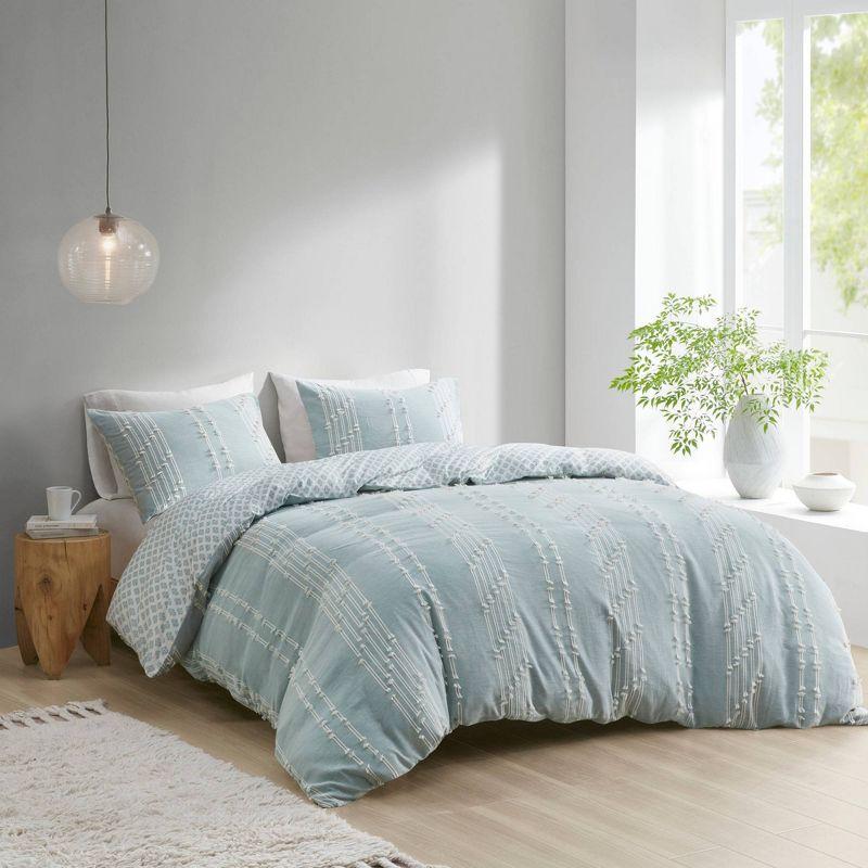 Ink+Ivy 3pc King/California King Kara Cotton Jacquard Duvet Cover Set Aqua: Reversible, Lightweight, OEKO-TEX Certified