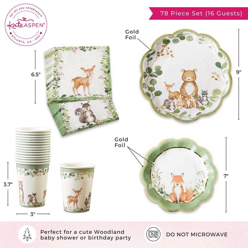 Kate Aspen Kate Aspen Woodland Baby Shower Decorations; 78-Piece Disposable Party Plates; Cups & Napkins Set for 16 Guests – Adorable Woodland Animals Theme, Table Decor; Birthday; Gender Neutral Party (Set of 78)