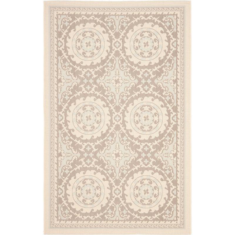 Beige and Dark Beige Floral Motif Rectangular Outdoor Area Rug