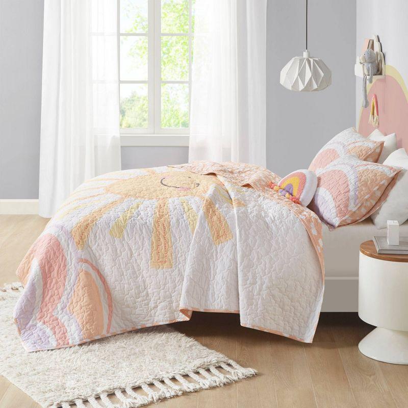 Intelligent Design Kids Dawn Sunshine Clouds Yellow/Coral 100% Cotton Reversible Quilt Set Twin