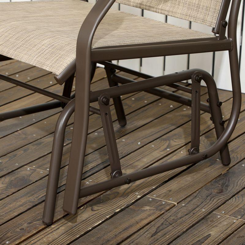 Outsunny 3 Piece Outdoor Glider Chair with Coffee Table Bistro Set, 2 Patio Rocking Chairs with Breathable Sling Fabric, Glass Tabletop, Mixed Brown