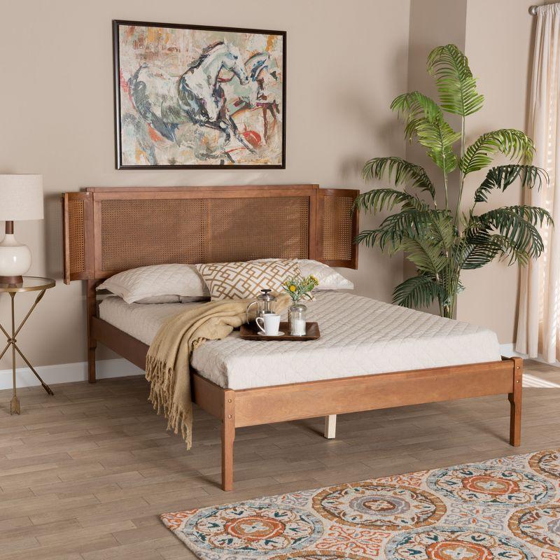 Mid-Century Modern Walnut Wood and Rattan Queen Bed