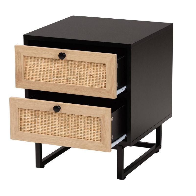 Declan Wood and Natural Rattan 2 Drawer End Table Espresso Brown/Black - Baxton Studio