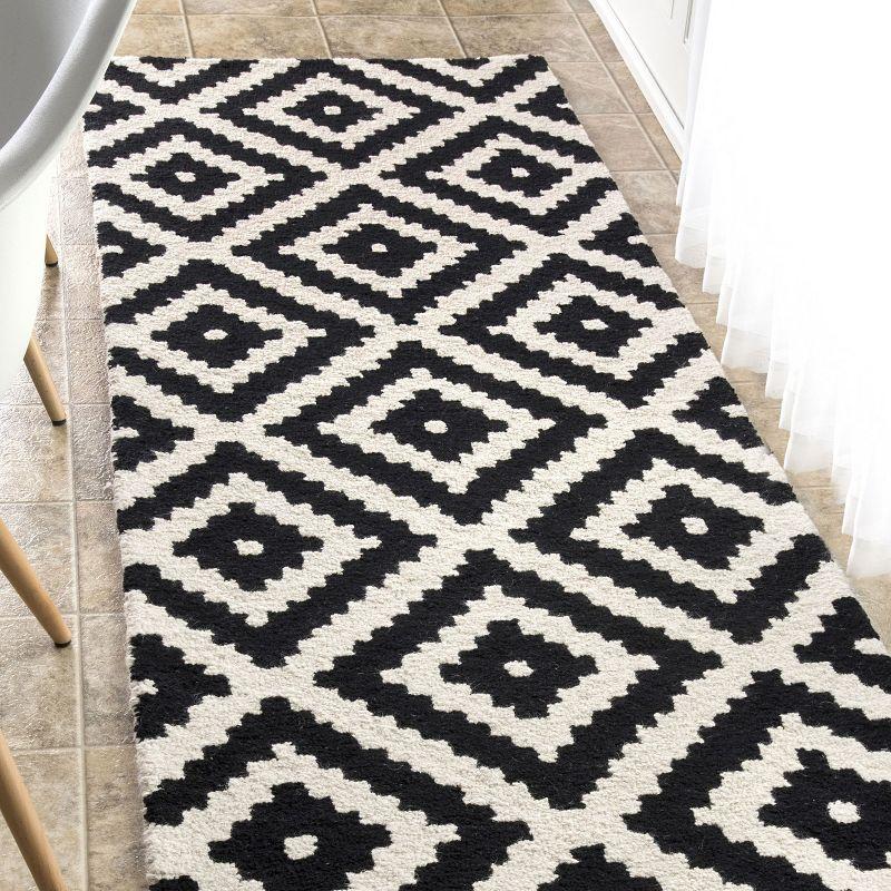 Scandinavian Diamond Handmade Wool Runner Rug in Black