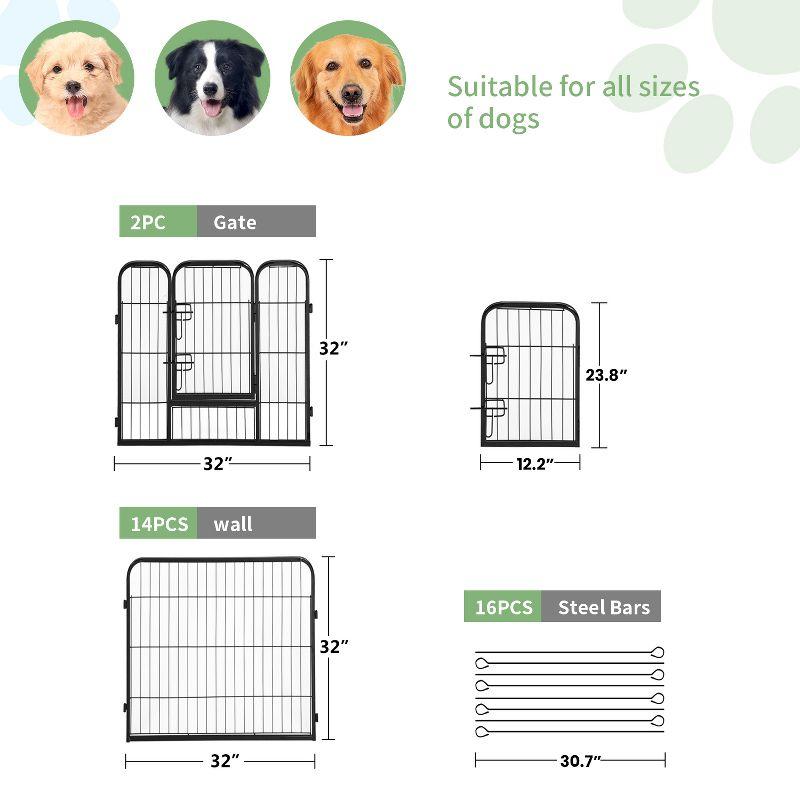 FDW Dog Playpen Pet Dog Fence 32" Height 16 Panels Metal Dog Pen Outdoor Exercise Pen with Doors for Large/Medium /Small Dogs Camping,Yard