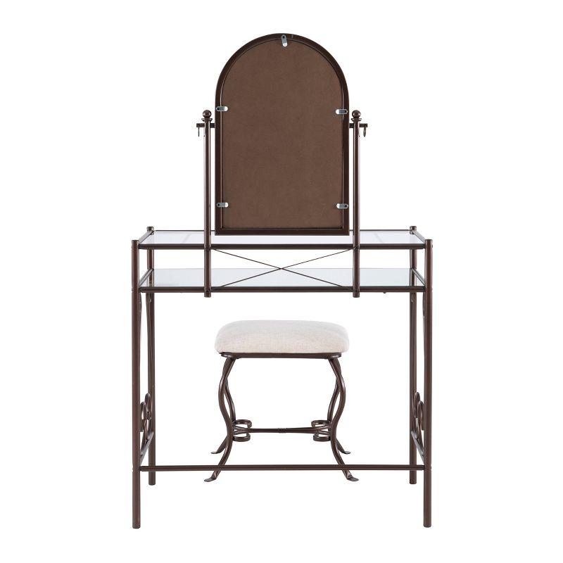 Clarisse Traditional Metal and Glass Shelf Adjustable Mirror Vanity and Upholstered Stool Brown - Linon