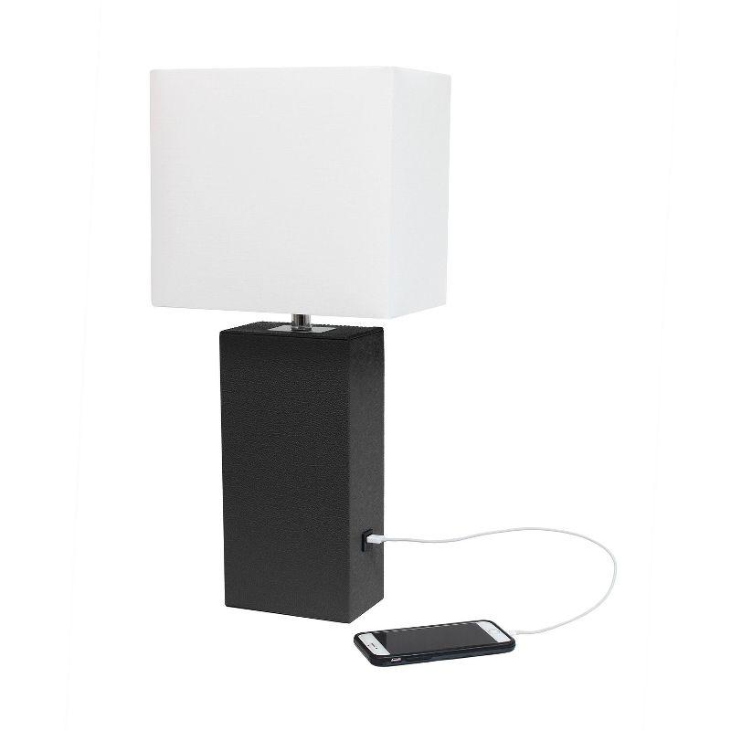 Lalia Home 21" Lexington Leather Base Modern Home Decor Bedside Table Lamp with USB Charging Port and Fabric Shade Black/White: UL Listed