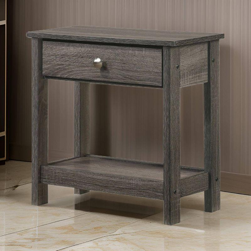 Nightstand with a Drawer and Wooden Grain Details Gray - Benzara: Sturdy, Metal Knobs, Open Shelf, Block Feet