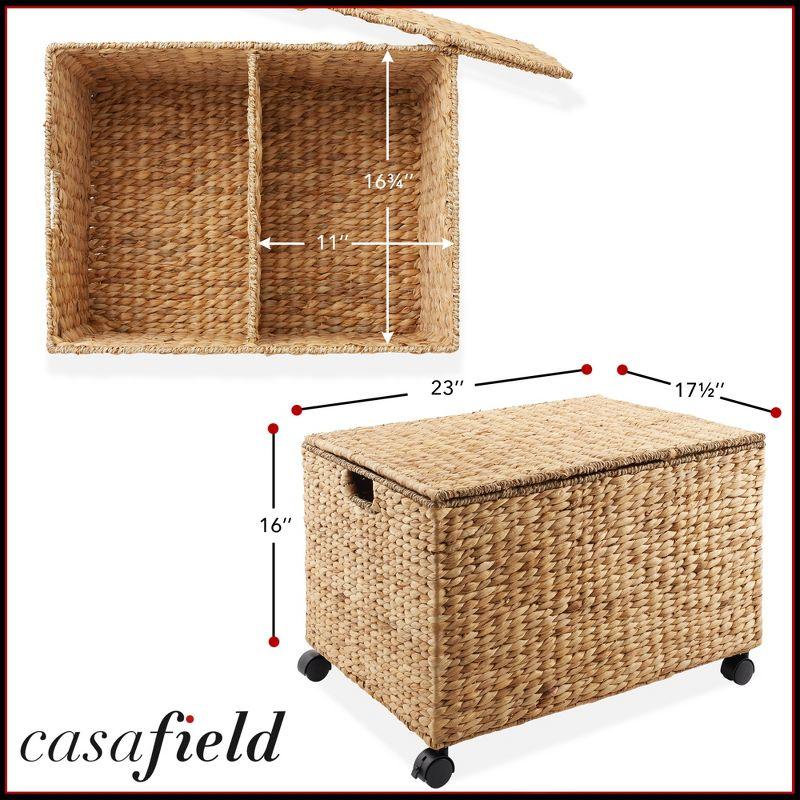 Casafield Rolling Storage Basket Cart with Lid and Wheels - Woven Water Hyacinth Divided Sorting Bin for Kitchen, Laundry, Pantry, Garage