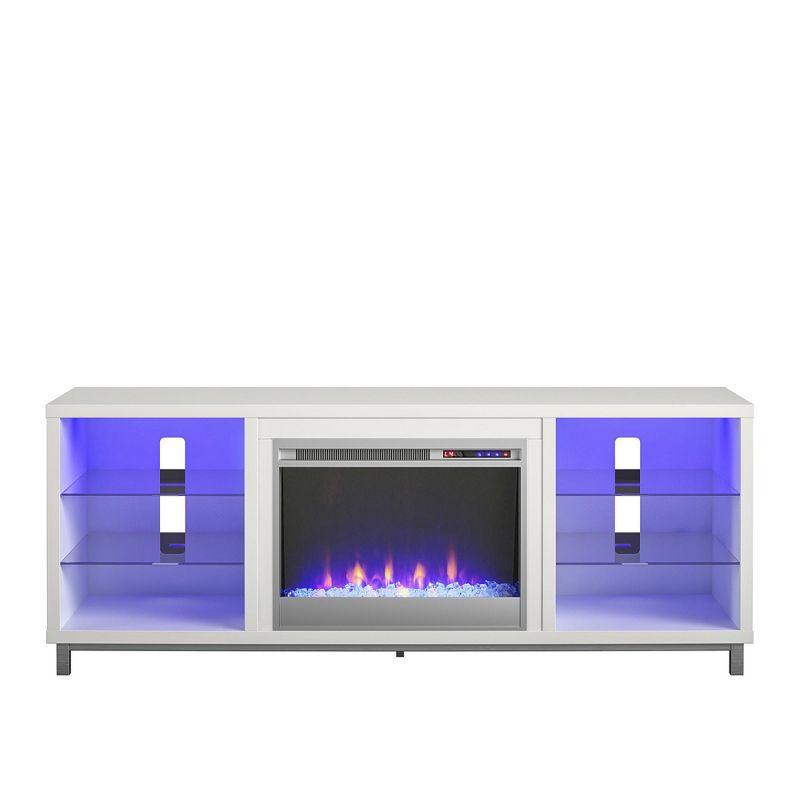 White Modern Fireplace TV Stand with LED Shelves for 70" TVs