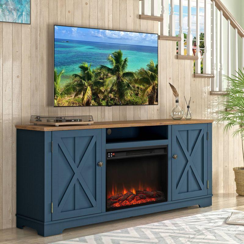 Festivo 70" Farmhouse TV Stand for TVs up to 75" with Electric Fireplace Navy : Entertainment Center, Media Console