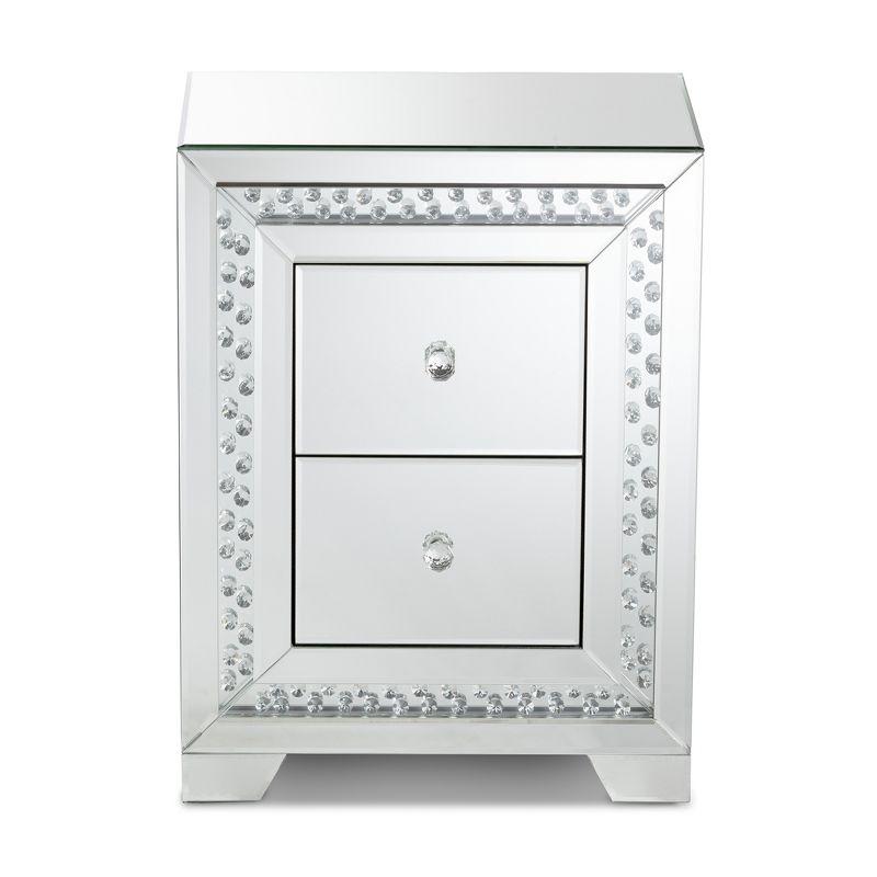 Mina Mirrored 2 Drawer Nightstand Bedside Table Silver - BaxtonStudio: Glamorous, Fully Assembled, Crystal Accents