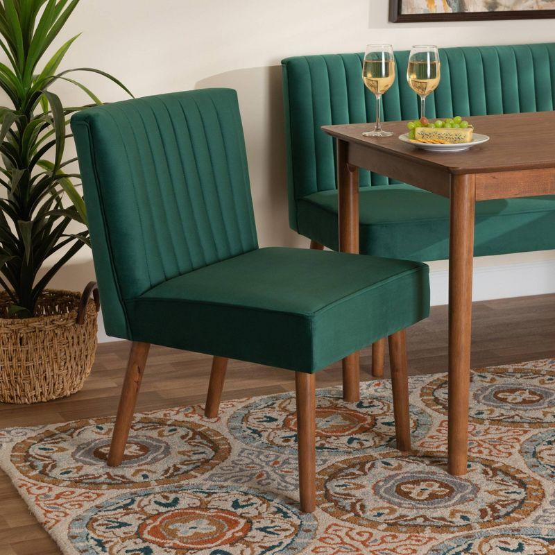 Alvis Velvet Upholstered and Wood Dining Chair Emerald Green/Walnut - Baxton Studio: Channel Tufted, Angled Legs
