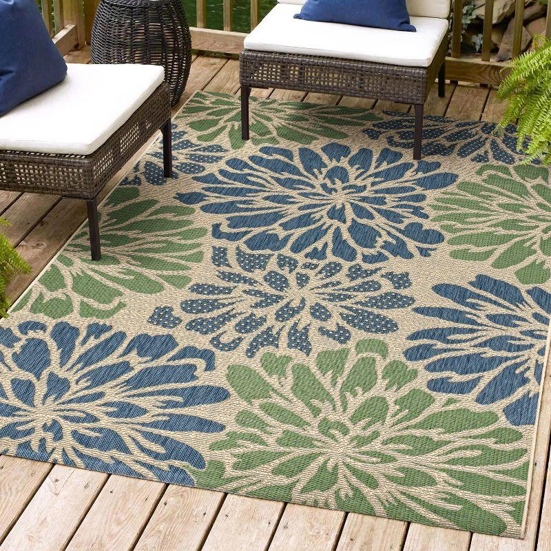 9' X 12' Zinnia Modern Floral Textured Weave Indoor/Outdoor Area Rug, Navy/Green - JONATHAN Y