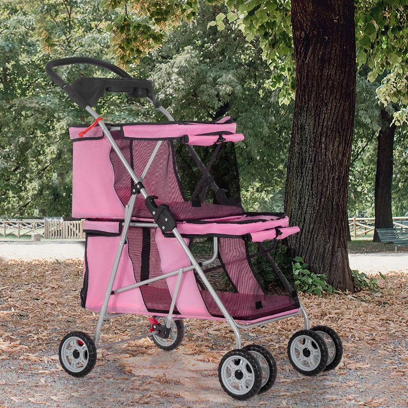 FDW 4 Wheel Pet Stroller Folding Dog Cat Stroller for Small and Medium Pets with Storage Basket Double Decker & Mesh Windows