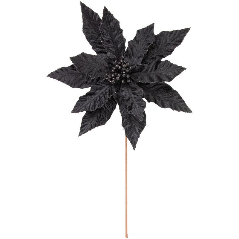 26" Black Glittered Poinsettia Holiday Stem with Wire