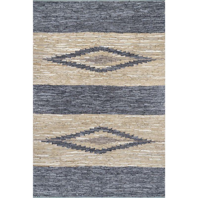 Handwoven Geometric Gray Leather and Cotton 6' x 9' Area Rug