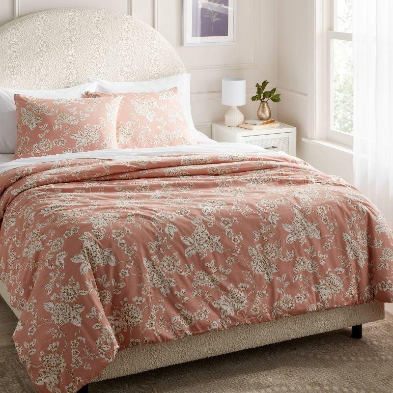 Light Pink Floral Cotton Full/Queen Duvet and Sham Set