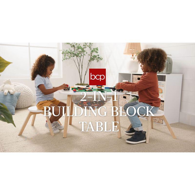 White and Natural Wood Kids Building Block Table with Stools