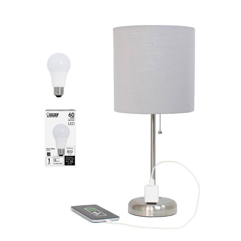 Creekwood Home Oslo 19.5" Power Outlet Base Metal Table Desk Lamp in Brushed Steel with Feit LED (Includes LED Light Bulb) Gray