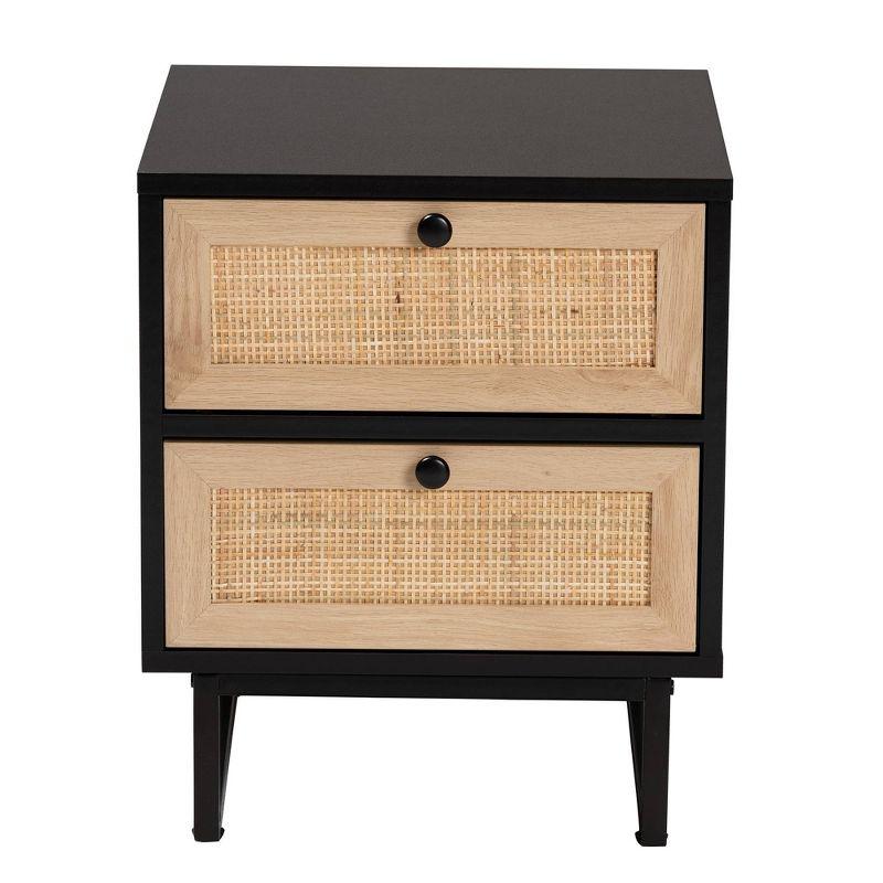 Declan Wood and Natural Rattan 2 Drawer End Table Espresso Brown/Black - Baxton Studio