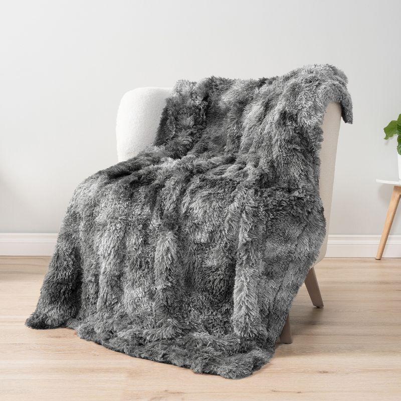 PAVILIA Fluffy Faux Fur Reversible Throw Blanket for Bed, Sofa, and Couch