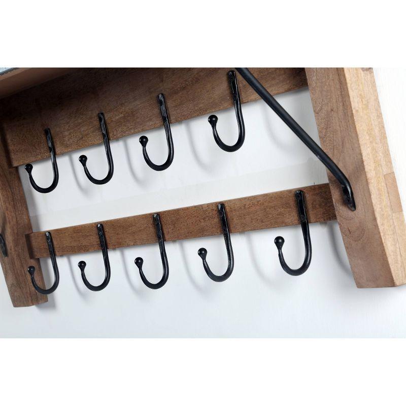 Millwork Double Row Hook Shelf Wood and Zinc Metal Silver/Light Amber - Alaterre Furniture: Mango Wood, 9-Hook Storage Rack